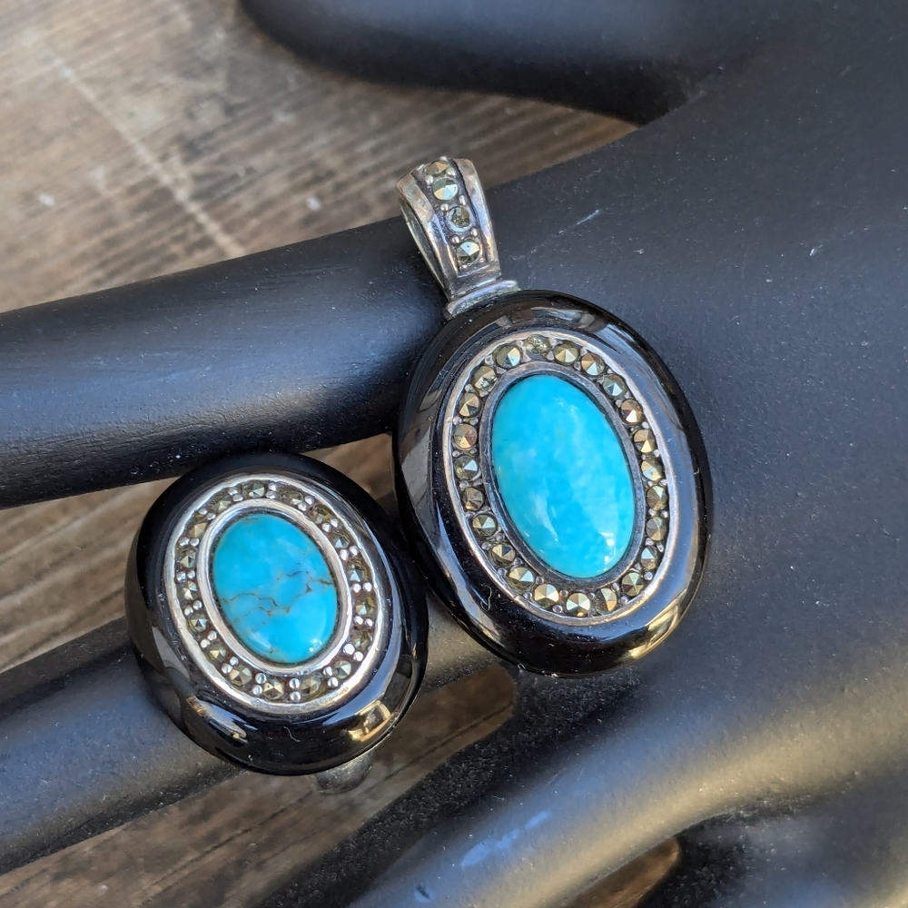 Turquoise and Marcasite Cocktail Ring Pendant Set - Picture 6 of 9
